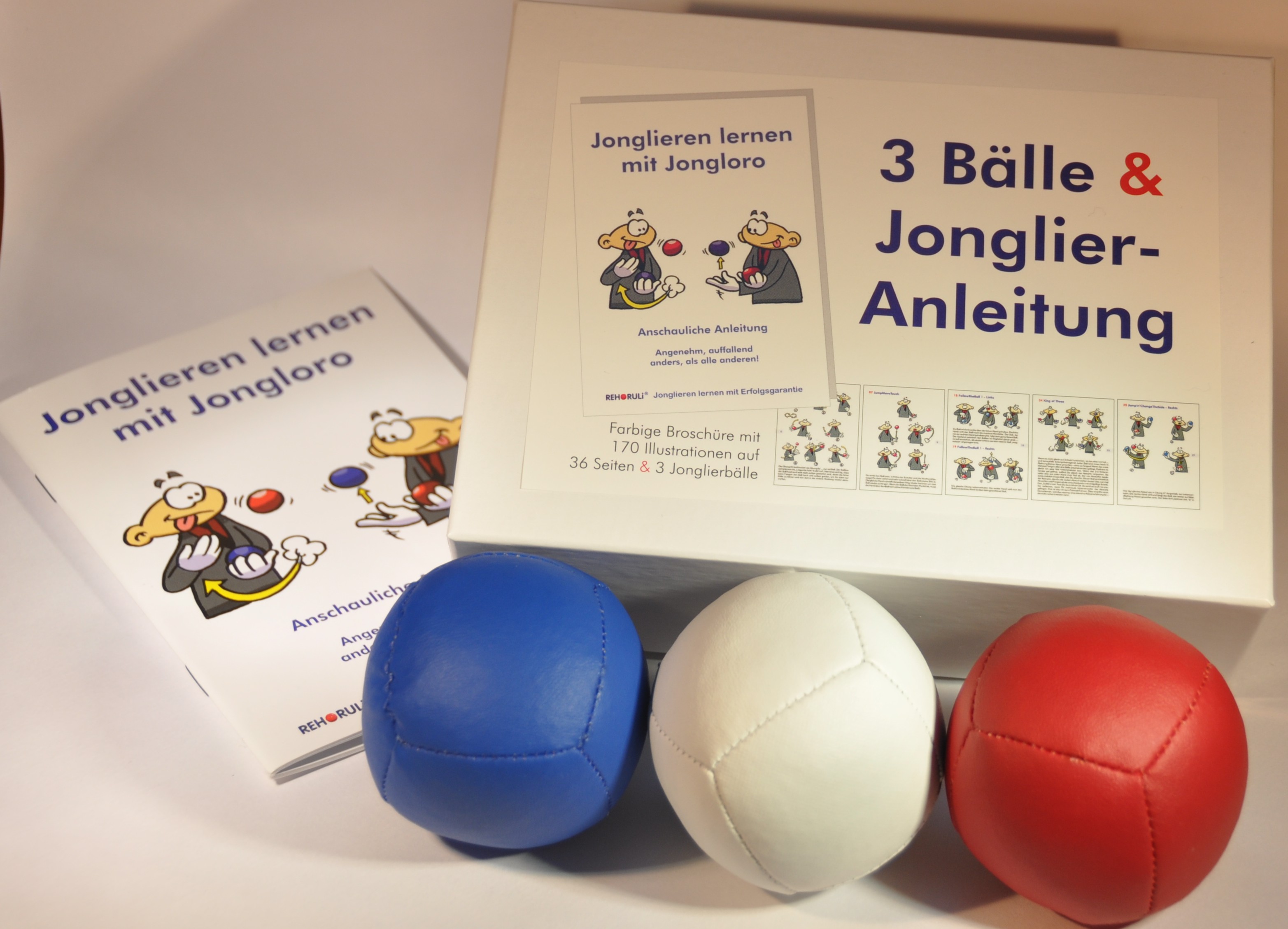 3 glatte, einfarbige  Bälle (6 Panel!) mit Anleitung und weißer Schachtel